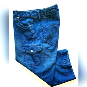 Faded Glory Stretch Cargo Crop Capri Womens Size 18W Dark Wash Denim Blue Jeans